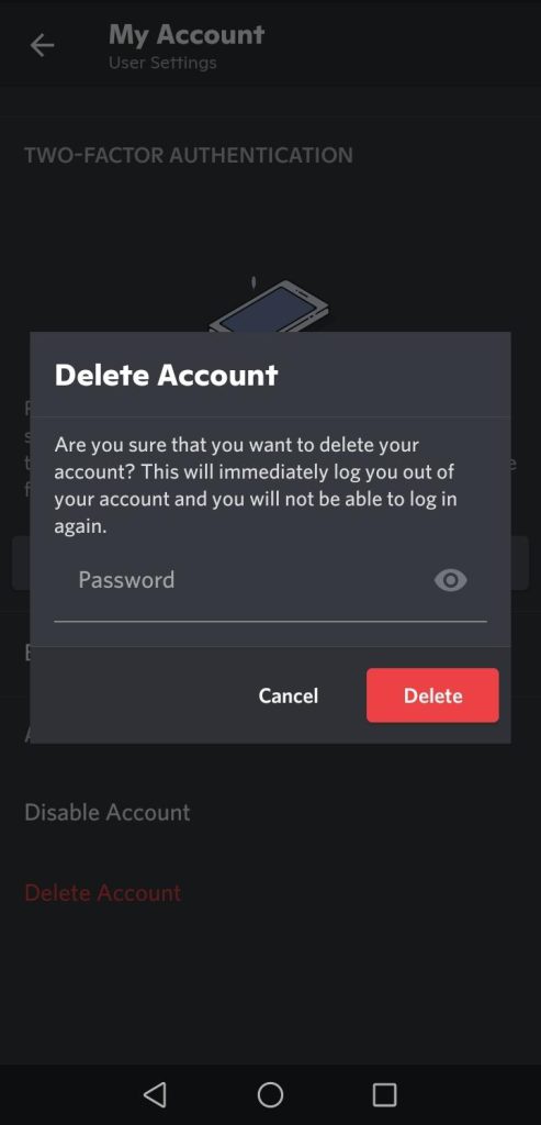 نمایش پیغام حذف اکانت دیسکورد
