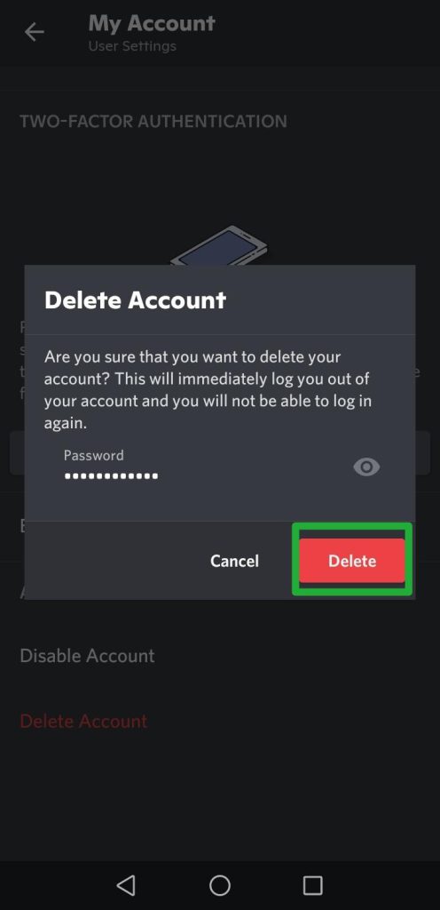 تاییدیه حذف اکانت دیسکورد